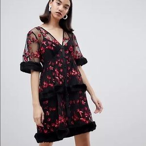 Lost Ink embroidered floral mesh faux fur trim dress